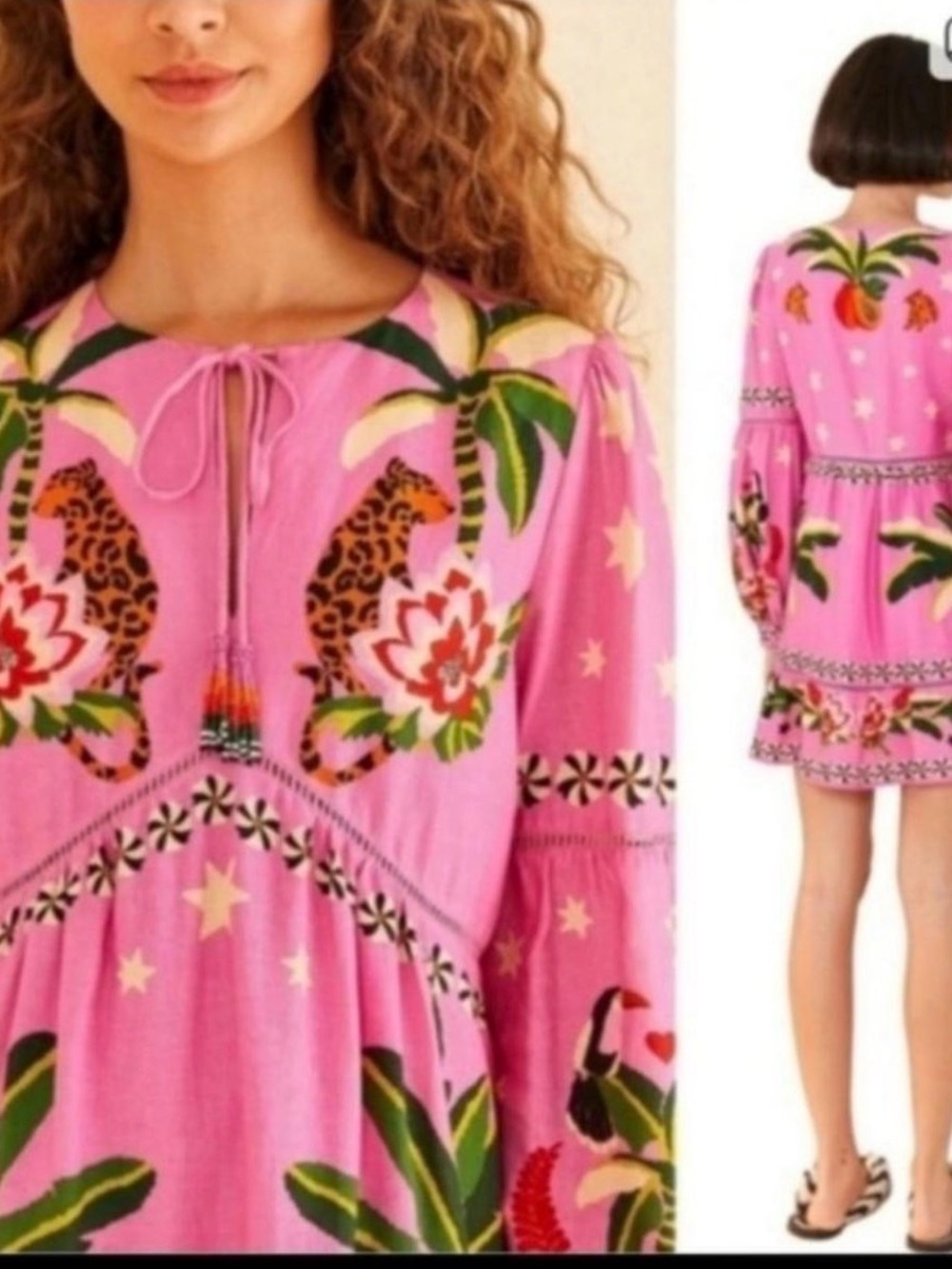 FARM Rio Pink Floral & Leopard-Print Long Sleeve Dress